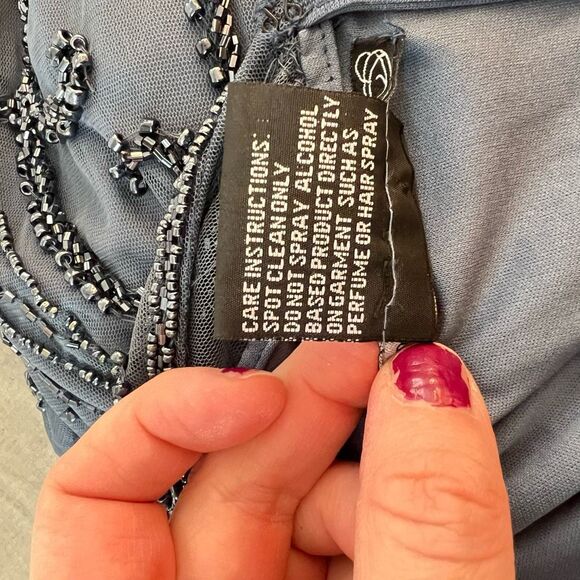 Pisarro Nights Sapphire Beaded Mesh V-Neck Short Sleeve Formal Gown Size 4 - Picture 13 of 14